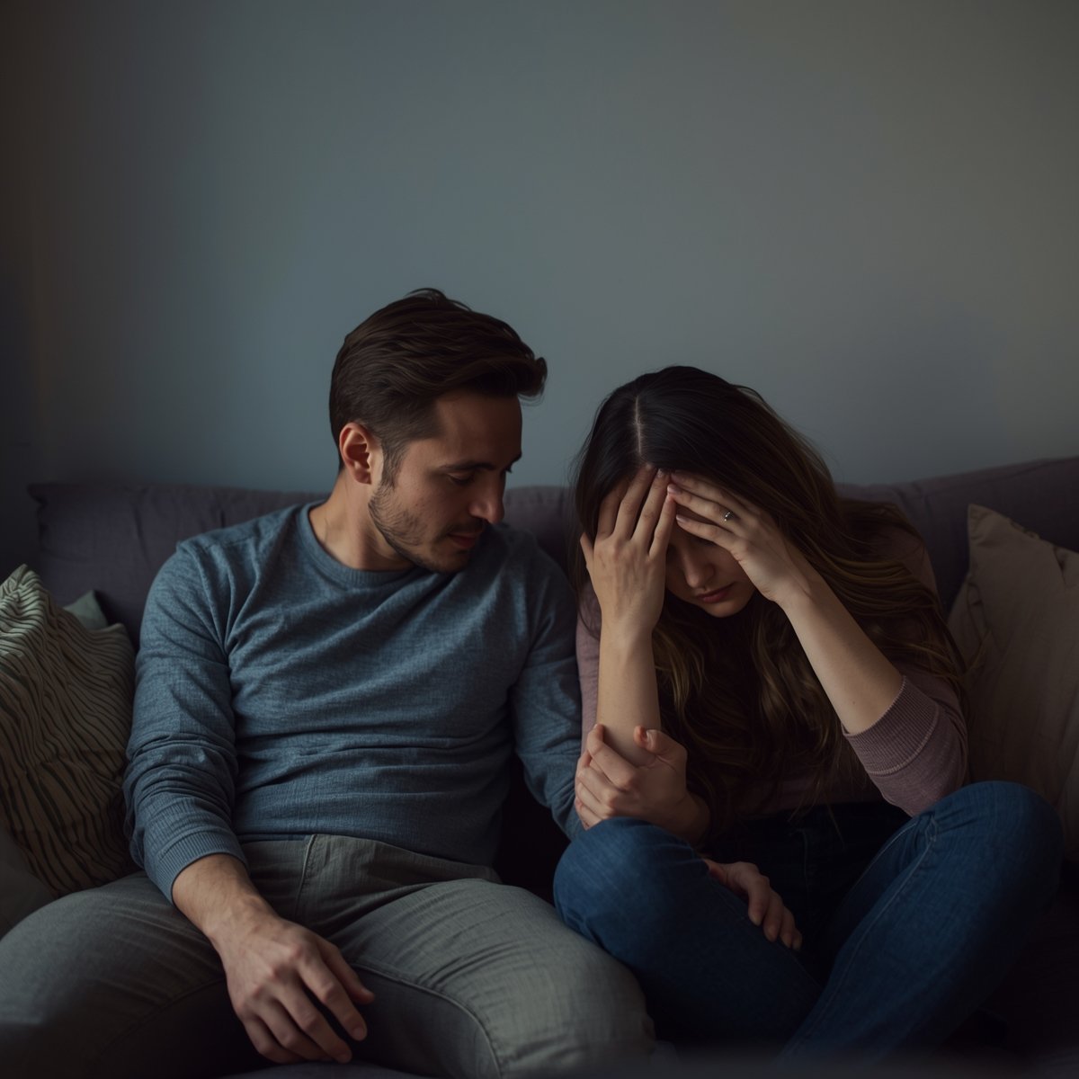 A woman crying to her partner because of overthinking
