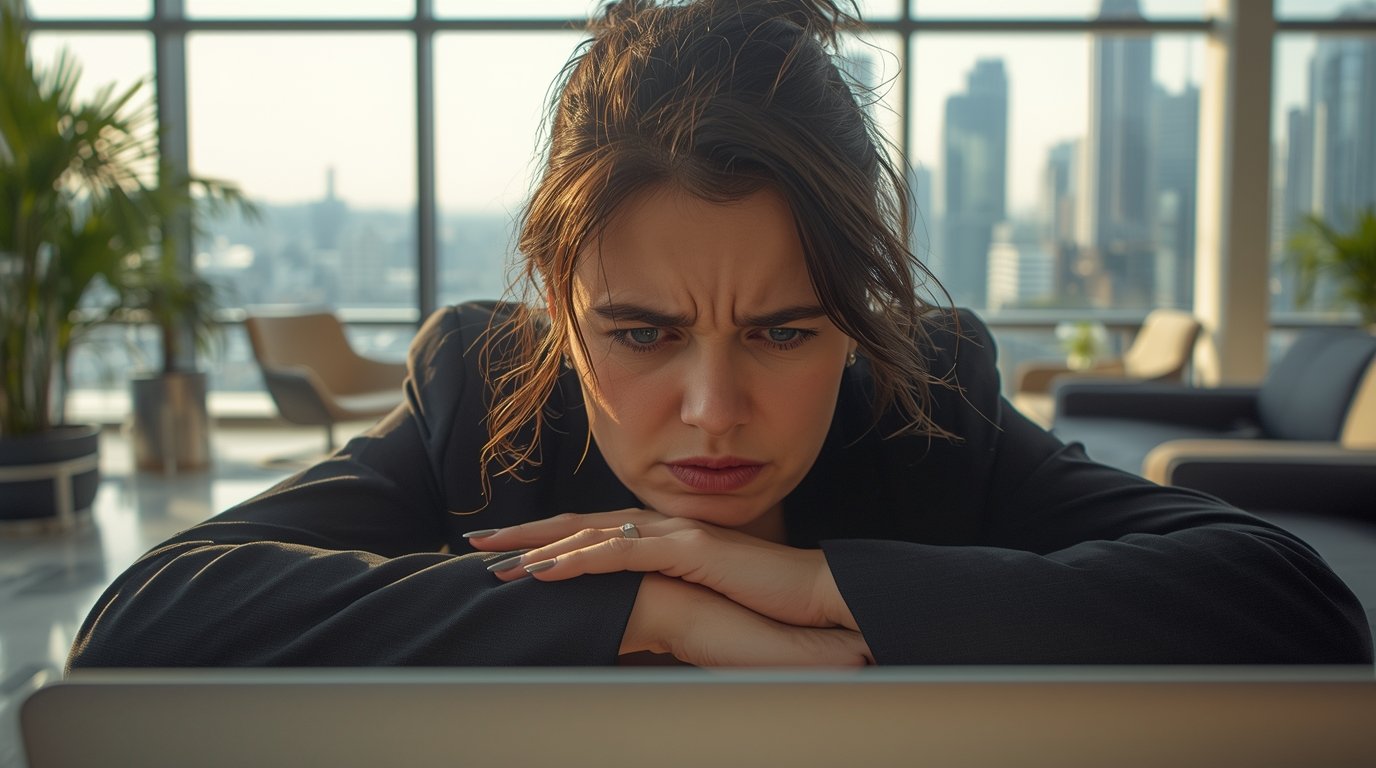 a picture of a woman overthinking and stressed after work
