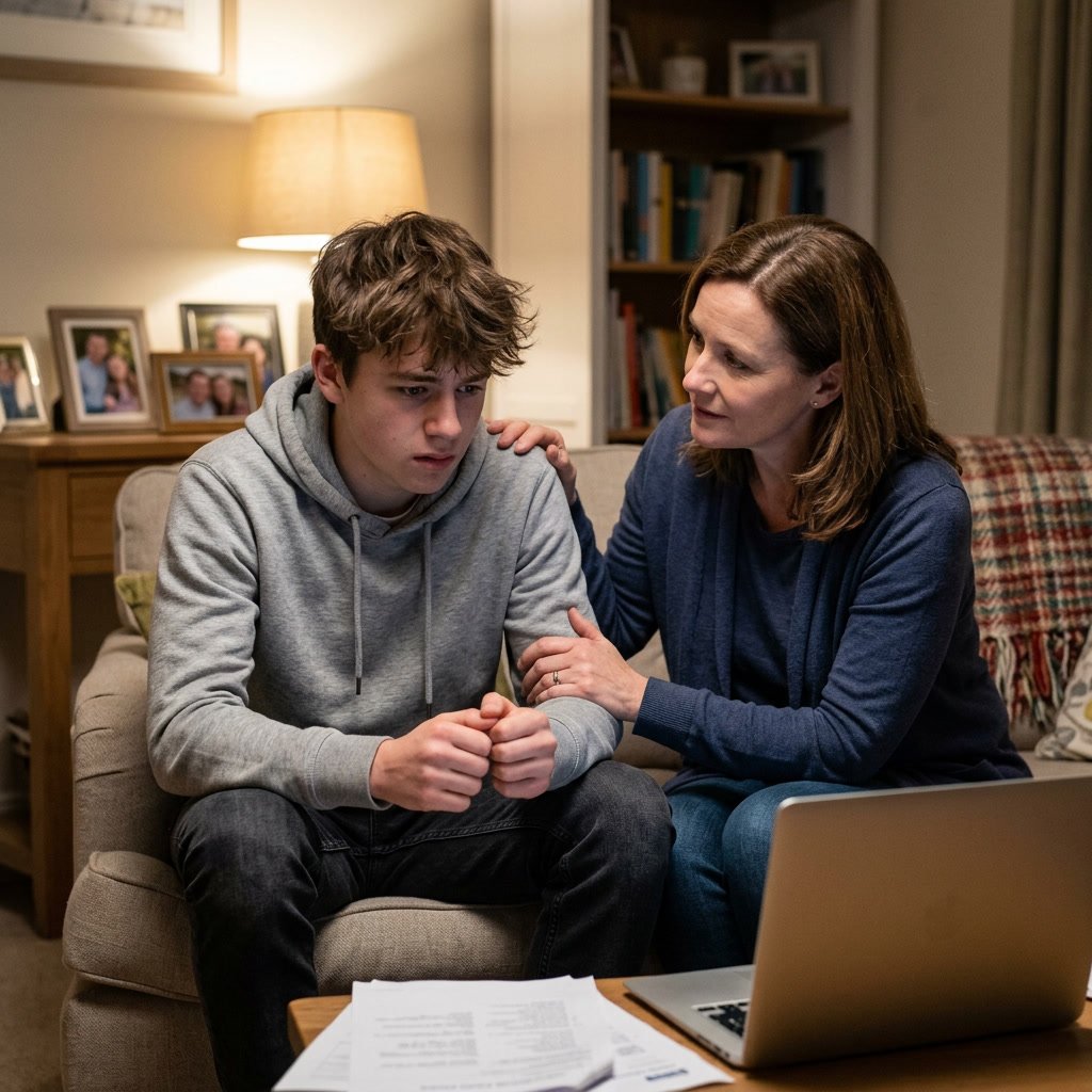 An anxious teenager being consoled by parent