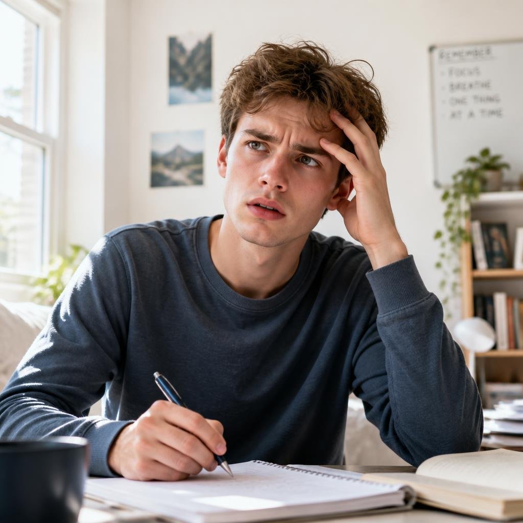 A worried young man trying to work his mind back to place